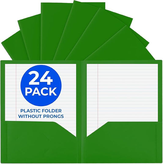24 Pack Green Plastic Folders with Pockets Heavy Duty. 2 Pocket Folder no Prongs Bulk. Tear-Resistant Letter Size 8.5x11. Presentation Ready School and Office Supplies