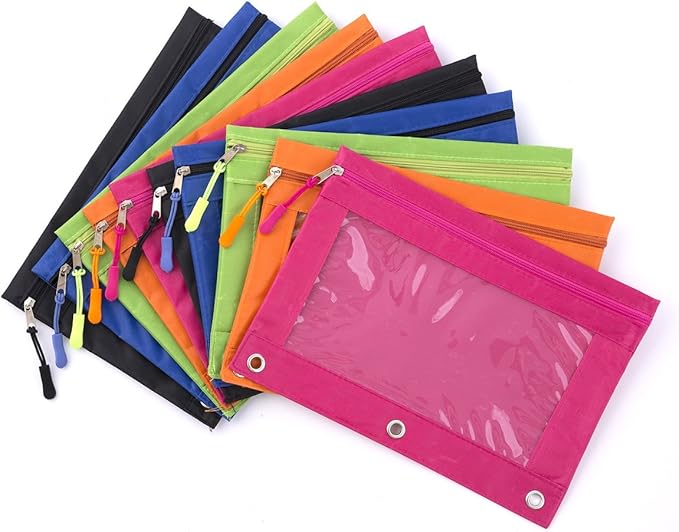 DoDoMagxanadu Binder Pencil Pouches, Pencil Pouch for 3 Ring Binder, Clear Window Zipper Pencil Case Bluk 10 Pack 5 Colors for Office School College Supplies