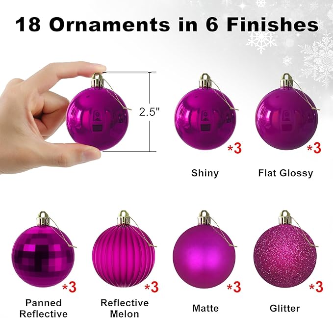 Fuchsia 2.5" Christmas Balls Christmas Tree Decoration Ornaments Shatterproof Hanging Balls for Birthday Halloween Holiday Wedding Decorations Set of 18pcs
