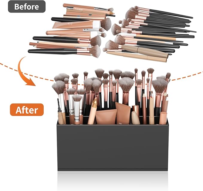 HIIMIEI Black Makeup Brush Holder Organizer Acrylic 6-Slots Cosmetic Brushes Storage Organizer for Vanity Countertop