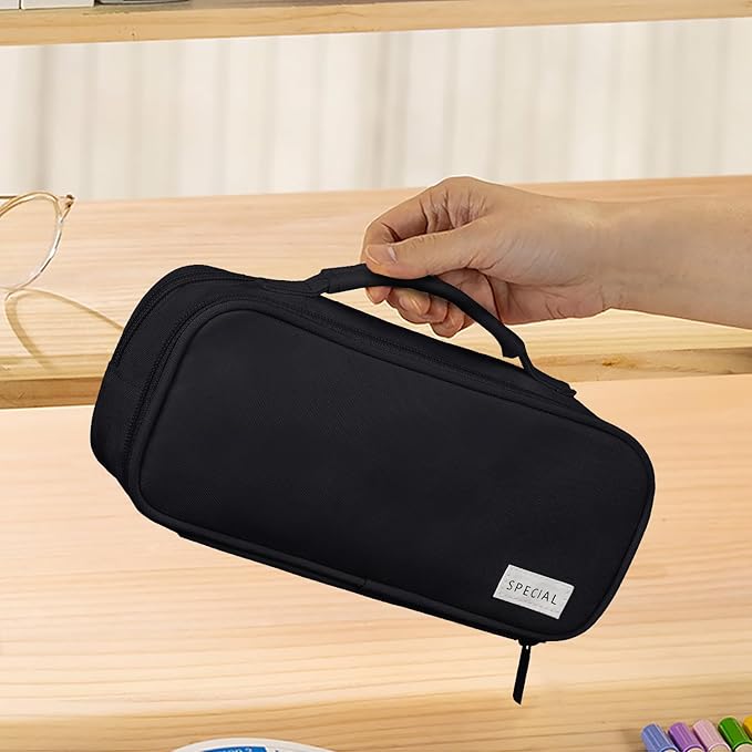 MAMUNU Pencil Case Large Capacity with 3 Compartments, Pencil Case Pouch Bag with Zipper Handle Portable Pen Stationery Organizer for Teen Girls Boys Adults College School Office Travel, Black