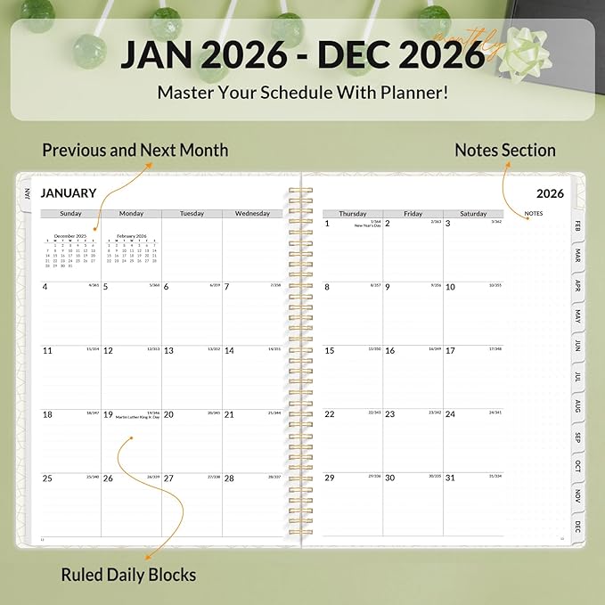 SUNEE Planner 2026 Weekly and Monthly, January 2026-December 2026, 8.5"x11", Tabs, Note Pages,Spiral Binding, Eucalyptus