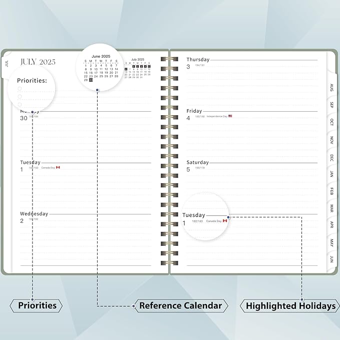 Planner 2025-2026, July 2025 - June 2026 Daily Weekly and Monthly Calendar Planner Book with Tabs, Notes Pages, Inner Pocket, Spiral Schedule Agenda A5 Notebook for School, College, Work-GREEN