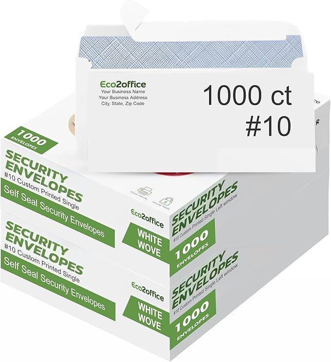 1000 Custom #10 Envelopes with Logo - Personalized #10 Self-Seal - Printed Envelopes with Return Address - Custom Printed Security Envelope - Ideal for Business Mailings - White 1000 Count