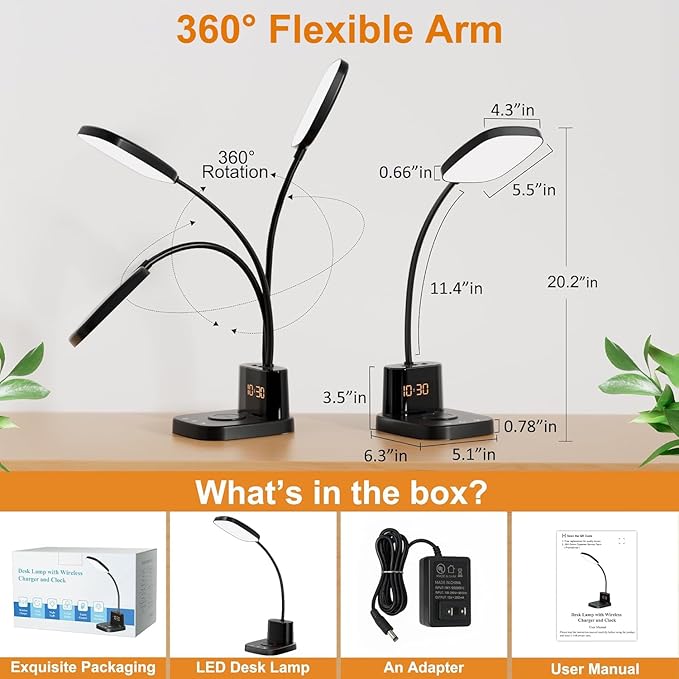 Sailstar Desk Lamp, Bedside Table Lamps with Wireless Charger and Clock, 30Mins Auto-Off Night Light Lamp, 3 Color Modes Dimmable Touch 800LM CRI 95, LED Desk Lamps for Home Office, Adapter Included