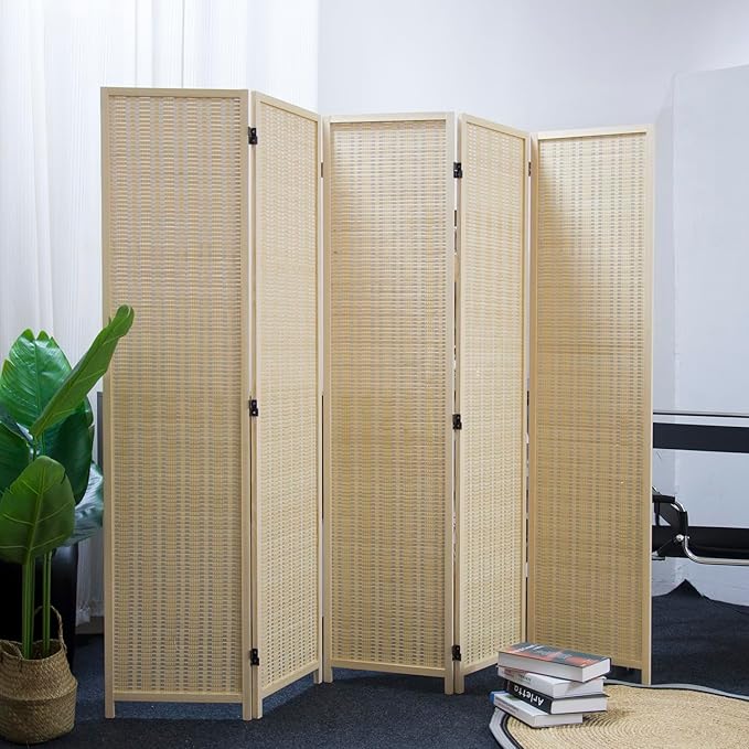 5 Panel Room Divider and Folding Panel Screen,Bamboo Panel Divider Screen for Room Separation,Beige,67" H x 76.75" W