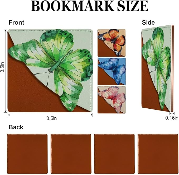 Leather Butterfly Corner Bookmarks, Cute Square Page Book Marks for Women Girls Kids 4 Pcs Book Accessories for Book Lovers（Butterfly）