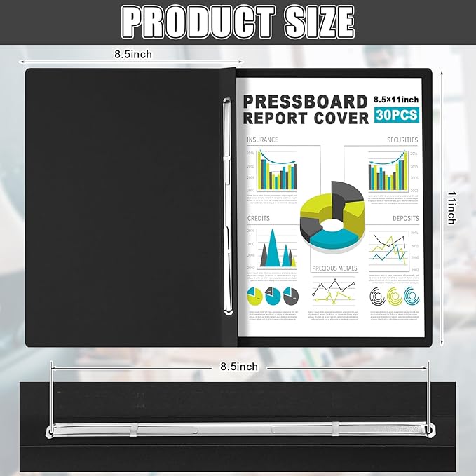 30 Pcs 8.5'' x 11'' Pressboard Report Cover, 3'' Capacity Metal Prong Fastener with Compressor, Letter Size, Presentation Folder to Neatly Bind Report, Proposal Document (Black)