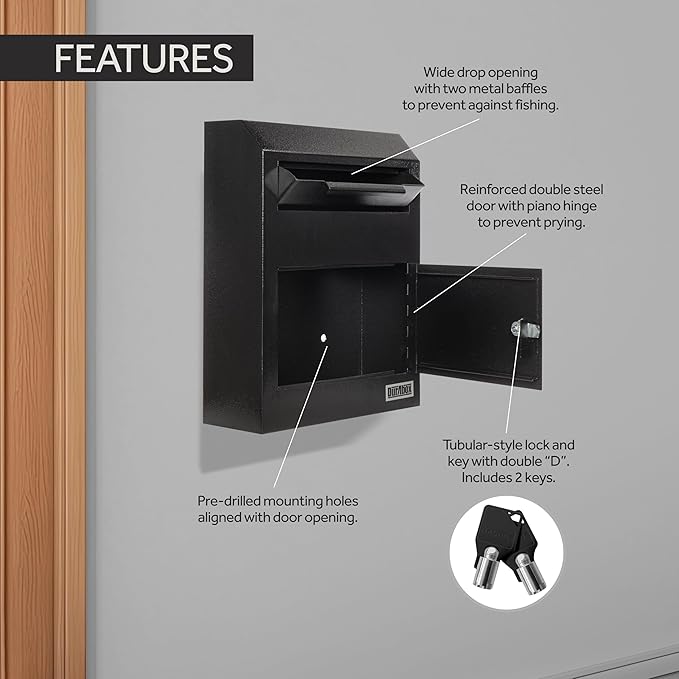 Drop Box Deposit Safe 12 x 4 x 15” Heavy Duty Steel Wall Mount Mailbox for Mail, Letters, Checks, Keys, Cash and more for Home, Office & Commercial Use (W500) (Black)