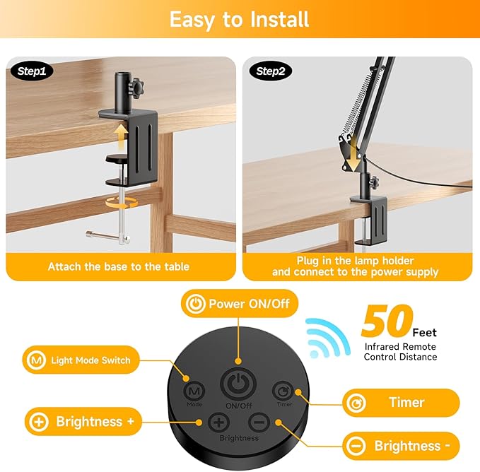 SKYLEO Led Desk Lamp for Home Office - 2400LM Ultra Bright Desk Light -Eye Caring Desk Lamp with Clamp - Adjustable Office Lamp with Remote Control- Easy Installation - 24W Black