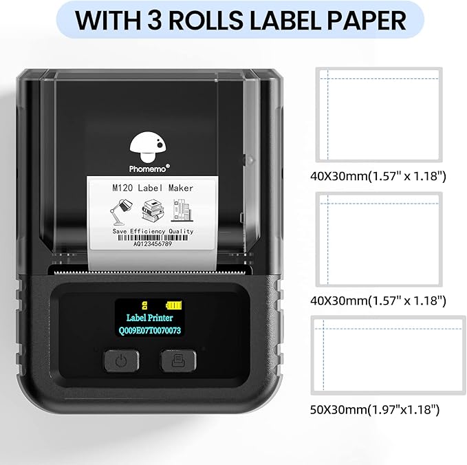 Phomemo M120 Label Maker, 2 Inch Bluetooth Thermal Label Printer with 3 Rolls Thermal Label(4030/4030/5030mm), Label Maker Machine for Small Business, Barcode, Address, Sticker Printer for Phone & PC