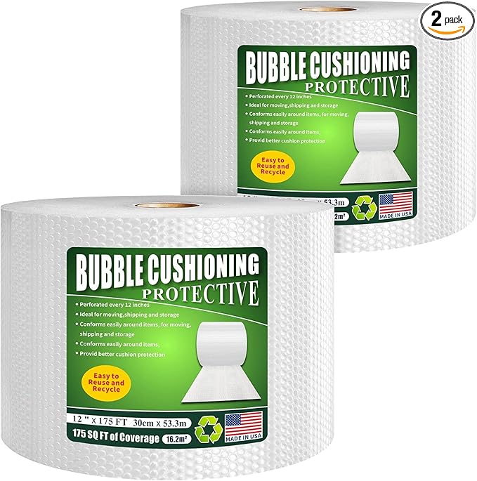 A&A Bubble Packing Wrap 2 Pack, 12 Inch x 175 Feet, Made in USA, Perforated Every 12 Inch with 3/16 Cushioning, Protective Rolls for Moving and Shipping Supplies