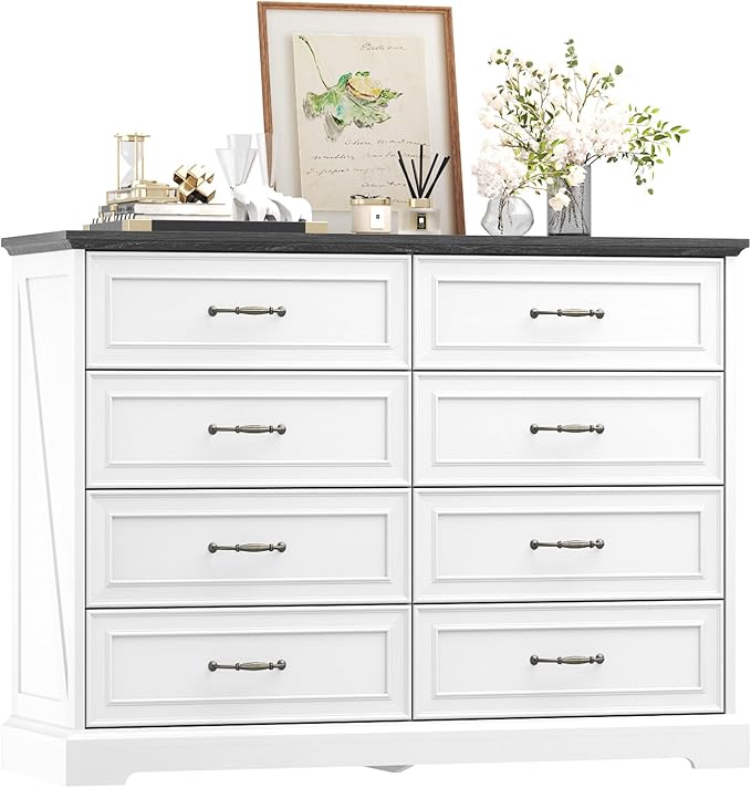 8 Drawer Dresser for Bedroom, 47" Wide Wooden Chest of Drawers, Rustic Farmhouse Dresser with Large Drawers & Metal Handles, Modern Storage Organizer for Closet, Living Room, Hallway, White