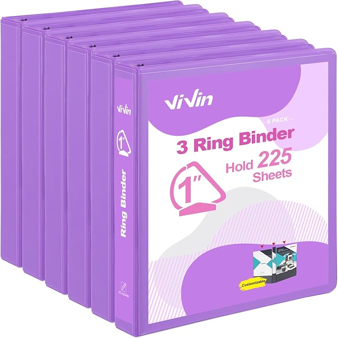 ViVin Sturdy 1 Inch D Ring Binders, 3 Ring Binders with 2 Pockets, Hold 225 Sheets of US Letter Size Paper for Office,Home,School, 6 Pack (Purple)