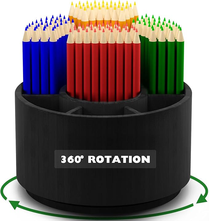 Bamboo Rotating Pencil Holder for Desk - Pen Holder Desk Organizer with 7 Compartments, Black Office Supplies Desktop Storage Caddy for Colored Pencils, Markers, Crayon, Comestics and Cutlery