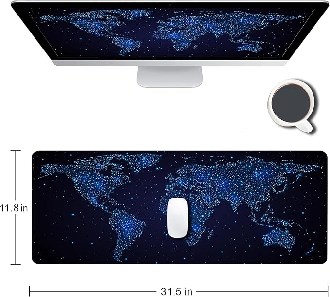Large Gaming Mouse Pad with Stitched Edges, Desk Pad Extended Keyboard Mat, Non-Slip Rubber Base Mousepads for Laptop, Office, Home, 31.5X11.8 inch Galaxy World Map