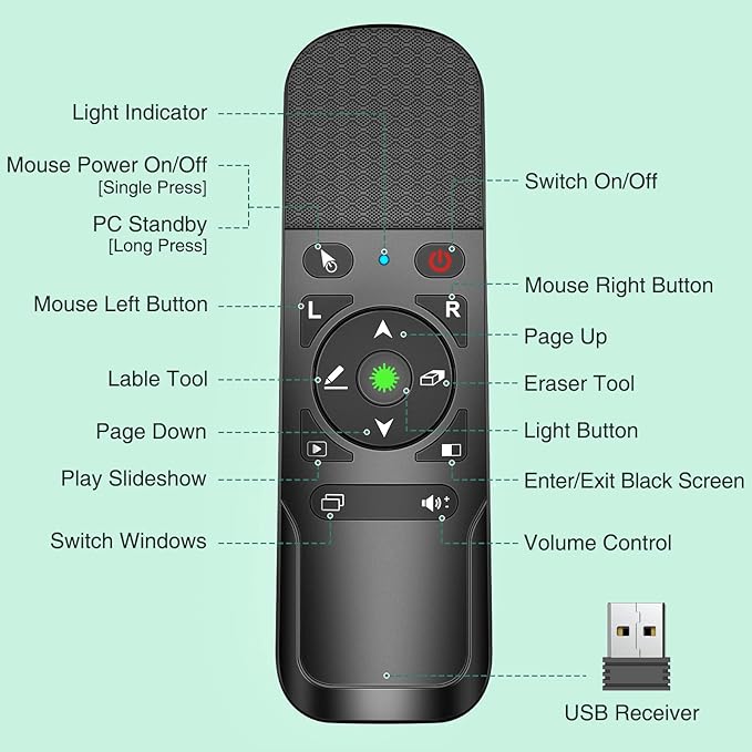 Presentation Clicker Green Laser Pointer with Air Mouse Function, Wireless Presenter Clicker RF 2.4GHz USB Presenter Control PowerPoint Presentation Clicker for Mac, Laptop, Computer