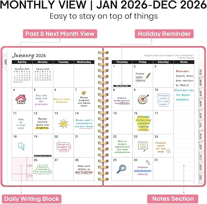 2026 Planner 8.5" x 11", Weekly and Monthly Calendar Planner Book, January 2026 - December 2026, Hardcover Spiral Planner with Monthly Tabs, Notes Pages, Perfect for Women & Men, A4 - Rose Red