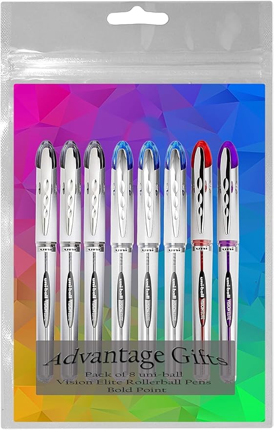 Vision Elite Rollerball Pens, Bold Point (0.8mm), Black/Blue/Red/Purple Ink, 8 count, Bundle with Plastic Reusable Pouch