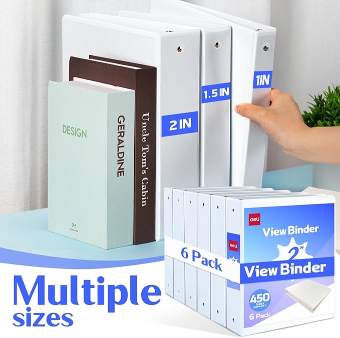 Deli 2-inch 3 Ring Binder with 2 Interior Pockets, 450 Sheets Capacity, 2 inch Binders fits 11" x 8.5" US Letter Size, White, 6 Pack