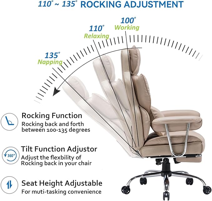 Efomao Big and Tall Office Chair 400lbs – PU Leather Executive Office Chair with Lumbar Support & Leg Rest, Heavy-Duty Computer Chair for Home Office, Dark Beige