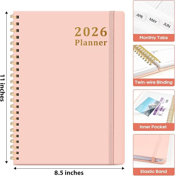 2026 Planner, Weekly and Monthly Calendar Planner, January 2026 - December 2026, Hardcover 2026 Calendar Planner Book with Tabs For Women & Men, Inner Pocket, Spiral Bound, Perfect for Office Home School Supplies - A4 (8.5" x 11"), Pink