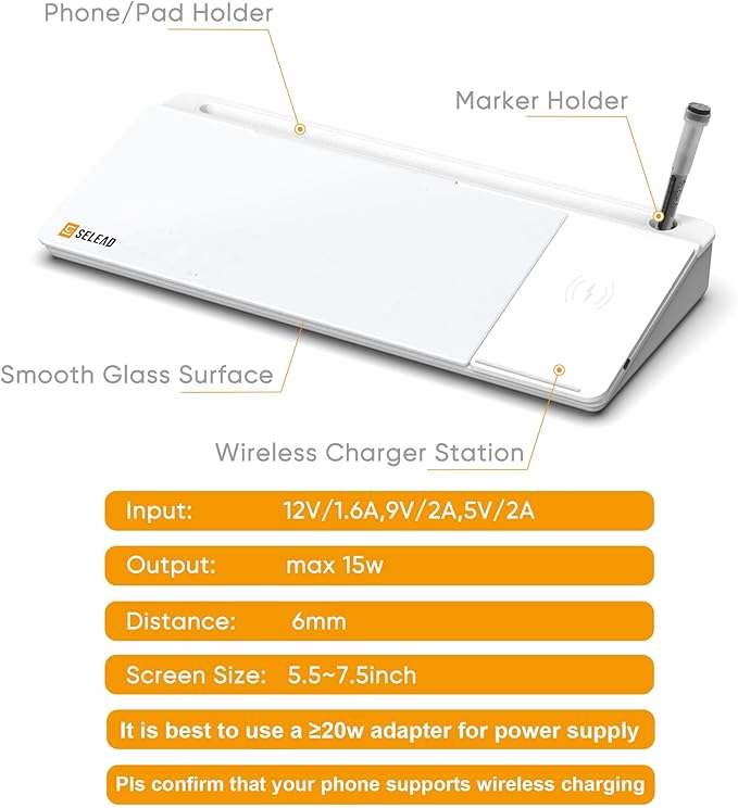 SELEAD Desktop Glass Whiteboard with Wireless Charger Station, Dry Erase Board Computer Pad Keyboard Stand with Organizer Drawer for Home, School, Office Desk Accessories, White