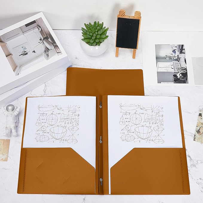 Yeaqee 30 Plastic Folders with Pockets and Prong Plastic Folders with 2 Pockets Pocket for Office, School for Students, Teachers, Office Workers (Brown)