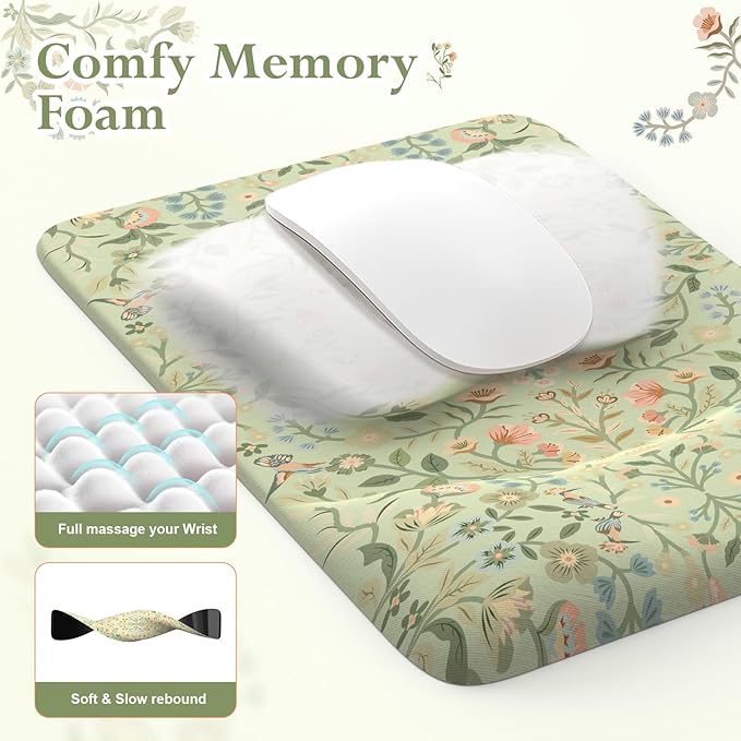 iLeadon Mouse Pad with Wrist Rest, Non-Slip Desk Mat for Keyboard and Mouse, Mouse Pad Sets for Women Desk, Wrist Pads for Keyboard, Floral Mat for Home Office (Light Green)