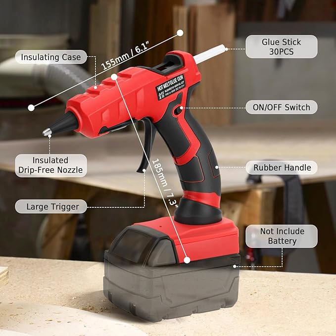 LIVOWALNY Cordless Hot Glue Gun Compatible with Milwaukee 18V Battery, Hot Glue Gun Kit for 18v Tools in Crafting, Wood, PVC, Glass with 30 Pcs 0.27 * 5.9 inch Hot Glue Sticks (Battery Not Included)