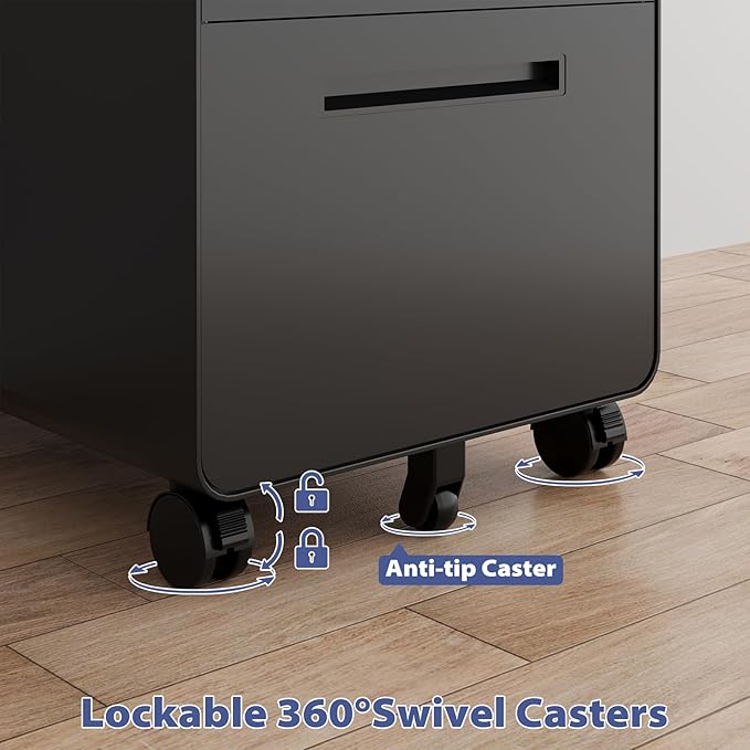 Rolling File Cabinet with Lock, 3 Drawer Metal Mobile Filing Cabinet Office Under Desk for Legal/Letter Size, Fully Assembled Except Casters