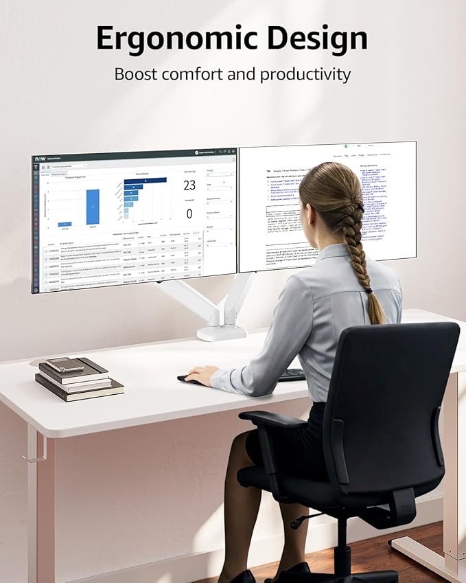 MOUNTUP Dual Monitor Stand for Desk, Gas Spring Monitor Arms for 2 Monitors Max 32 Inches, Height Adjustable Double Monitor Mount, VESA Mount with C-Clamp & Grommet Base, Holds 4.4-17.6lbs, White