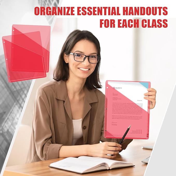 Seajan 48 Pcs Pocket Folders for 3 Ring Binder Clear Plastic Folders Sleeves with 2 Pockets 3 Hole Punch Binder Dividers Poly Slash File Jackets for Office School Document Organizer (Red)