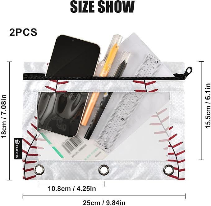 ALAZA Pencil Pouch for 3 Ring Binder, Baseball Themed Red Lace Binder Pencil Pouches with Clear Window Zipper Pencil Case Cosmetic Bags for Office College Supplies, 2PCS
