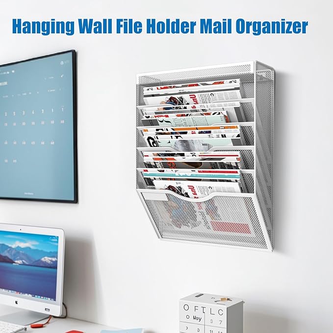 6 Tier Wall File Organizer Hanging Vertical File Organizer, Wall Mounted Mail Paper Document Folder Holder, Mesh Magazine Rack Mail Document Organizer for Office School Home