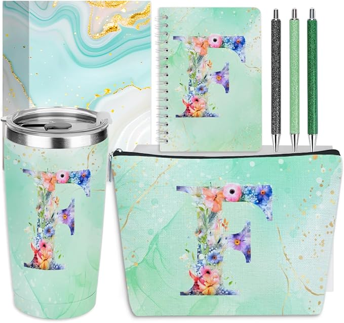 Personalized Gifts Monogrammed Birthday Gifts for Women, Aunt Grandma Retirement Christmas Initial 20 oz Tumbler, Makeup Bag Cup Ballpoint Pens Journal Notebook 6 Set, (Aesthetic Green Flower F)