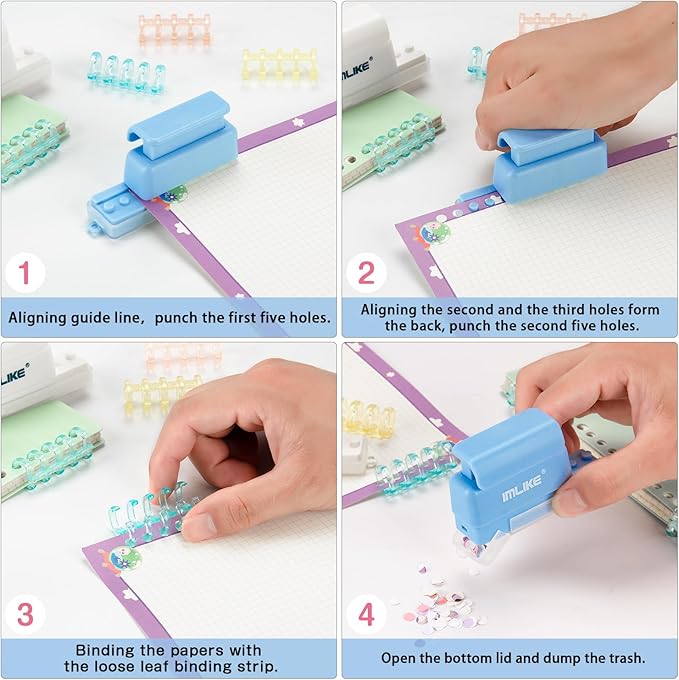 Mini 5-Hole Binding Machine - IMLIKE 5 Holes Binding Machine with 16 Loose-Leaf Binding Strips - Easy to Add or Remove Papers, 4 Sheets Capacity (A4/30 Holes, B5/26 Holes, A5/20 Holes) - Blue