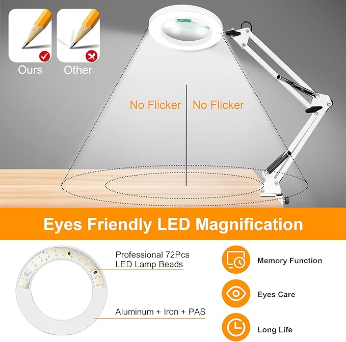 10X Magnifying Glass with Light and Stand, 2-in-1 LED Magnifier Desk Lamp, 3 Color Modes 10 Level Dimmable, Hands-Free Lighted Magnifier for Craft Repair Nail Reading Close Works (White, Base)