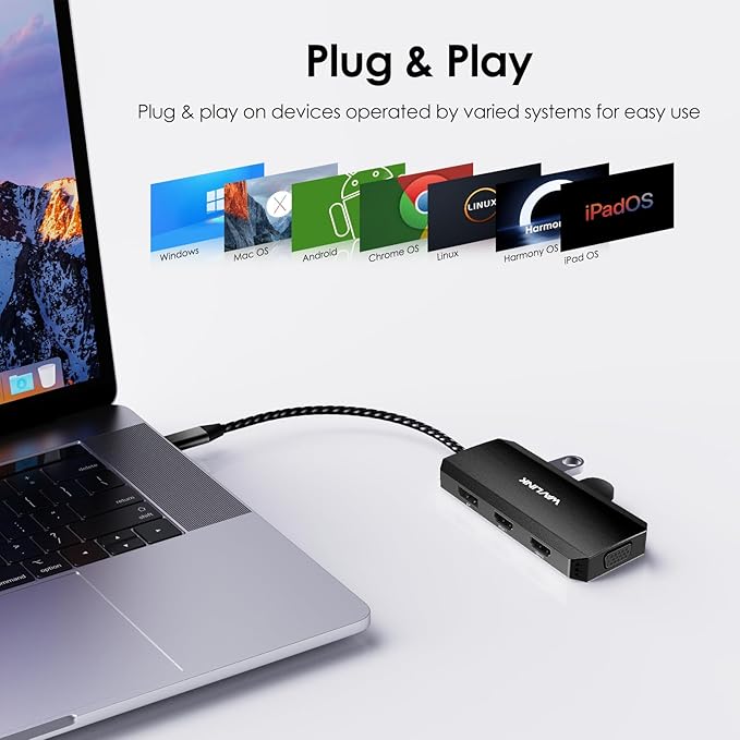 WAVLINK USB-C Docking Station for MacBook, Dell XPS, Lenovo Yoga, HP Laptops - Dual HDMI, DisplayPort, VGA, 3 USB 2.0 Ports, Black