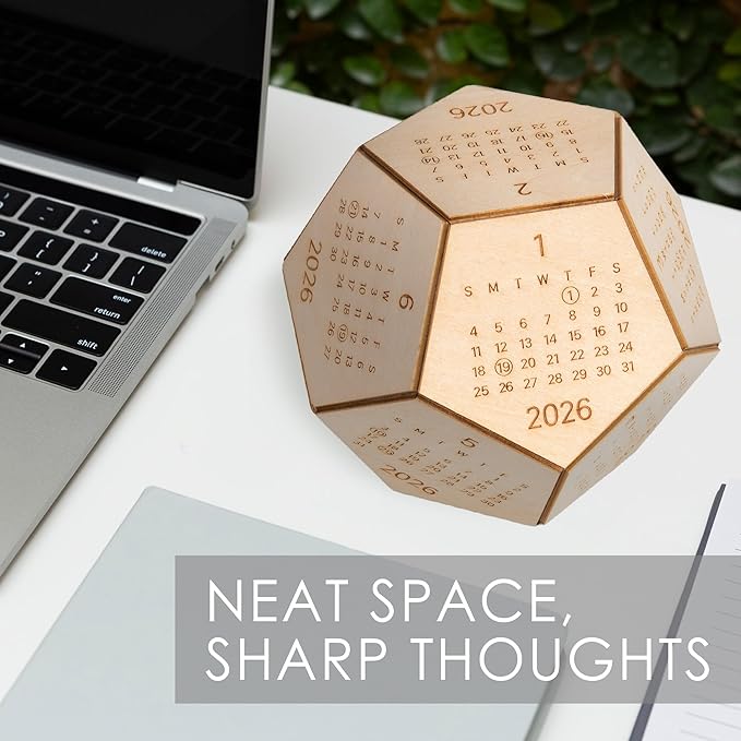 2026 Desk Calendar Wood Dodecahedron, DnD Gifts for Men, Funny Office Gifts for Coworkers, Unique Mens Desk Accessories, Christmas Gift Ideas for Boss Male, Employee, White Elephant Exchange