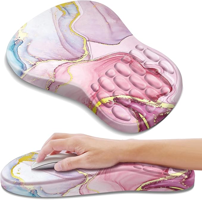 YIWEI Ergonomic Mouse Pad with Wrist Rest Support, Mousepad with Comfortable Memory Foam Wrist Rest and Non-Slip PU Base for Pain Relief, Computer, Laptop, Office, Home (Pink Marble)