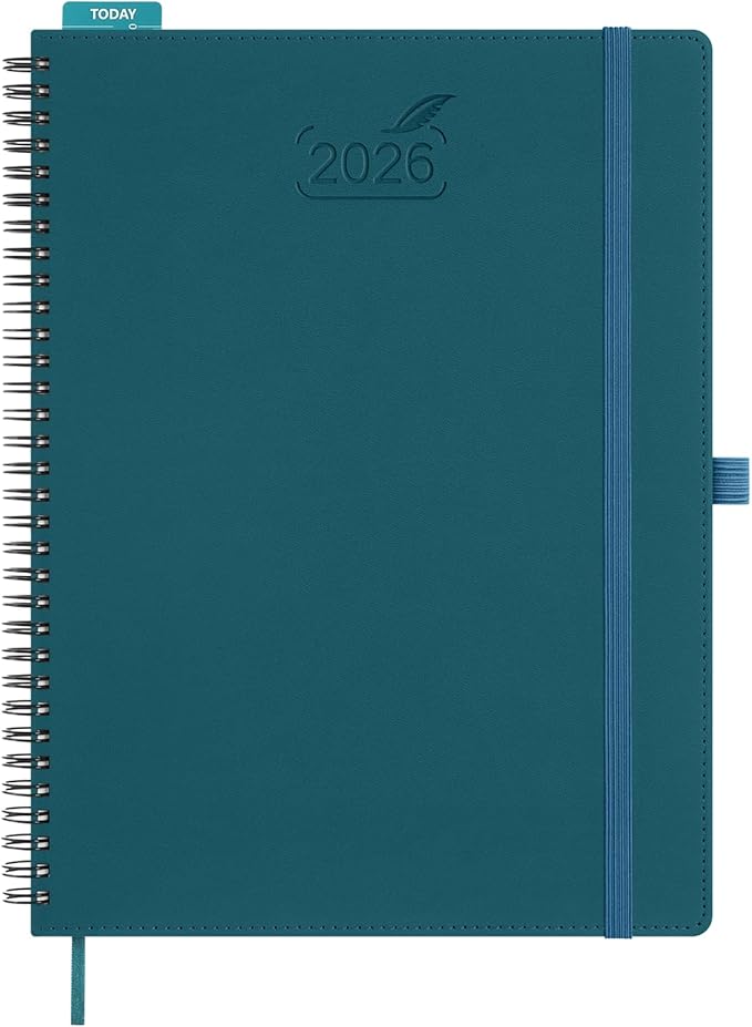 BEZEND 2026 Planner Weekly and Monthly (8.5" x 11" Spiral) Daily Calendar with Half-Hourly Timeslots & Tab (Jan-Dec) Note & Expenses, Pen Holder, Inner Pocket, Vegan Leather Softcover - Dark Green