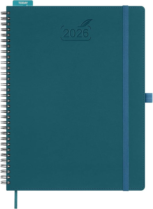 BEZEND 2026 Planner Weekly and Monthly (8.5" x 11" Spiral) Daily Calendar with Half-Hourly Timeslots & Tab (Jan-Dec) Note & Expenses, Pen Holder, Inner Pocket, Vegan Leather Softcover - Dark Green