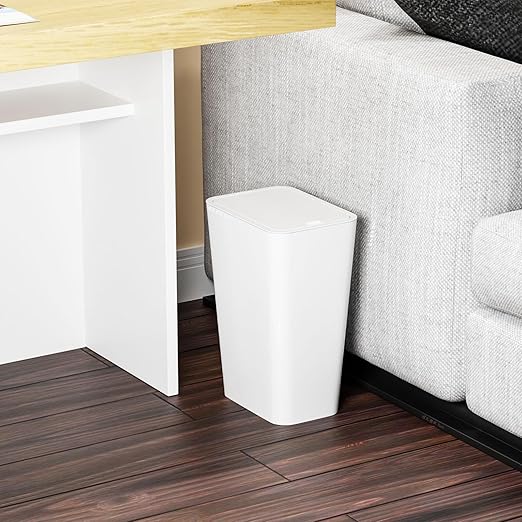 Yieach 12L White Slim Bathroom Trash Can with Lid,3.17 Gallon Pet/Dog Proof Kitchen Trash Can,Rectangle Thin Garbage Can,Covered Waste Basket,Narrow Small Plastic Trashcan for Room,Bedroom,Office,1PCS
