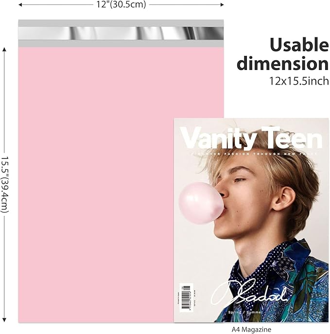 Fuxury Poly Mailers 12x15.5Inch 50 Pcs, Heavy Duty Shipping Bags for Clothing, Strong Adhesive Shipping Envelopes for Small Business, Self Seal Mailers Poly Bags Mailing Envelopes,Light Pink