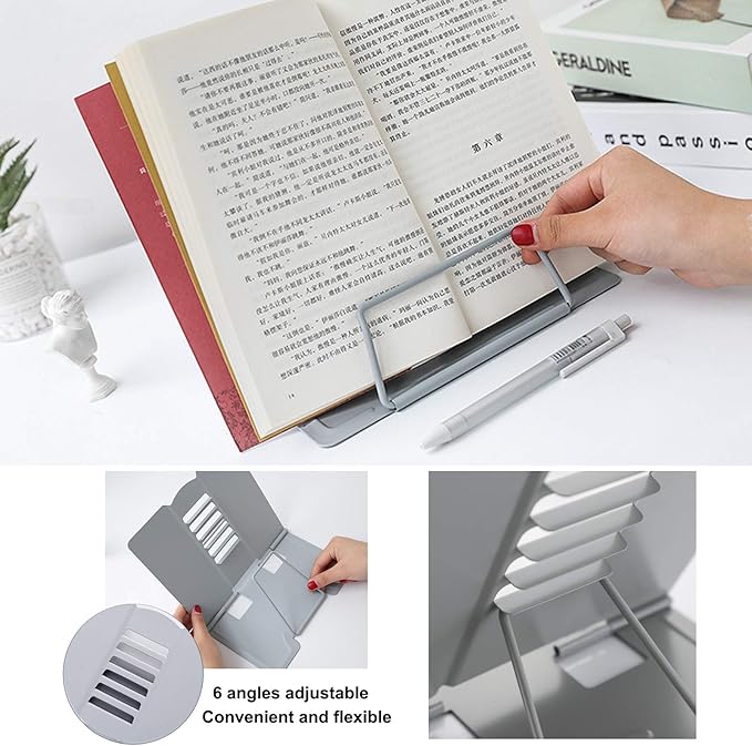 MSDADA Desk Book Stand Metal Reading Rest Book Holder Angle Adjustable Stand Document Holder Portable Sturdy Lightweight Bookstands-Textbooks Tablet Music Books Cook Recipe (Grey)