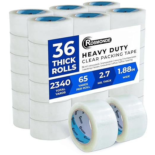 Rosmonde Packaging Tape, 36 Pack, 1.88" x 65 Yard, Clear, 2.7 Mil Thick, Heavy Duty, Bulk Value Pack