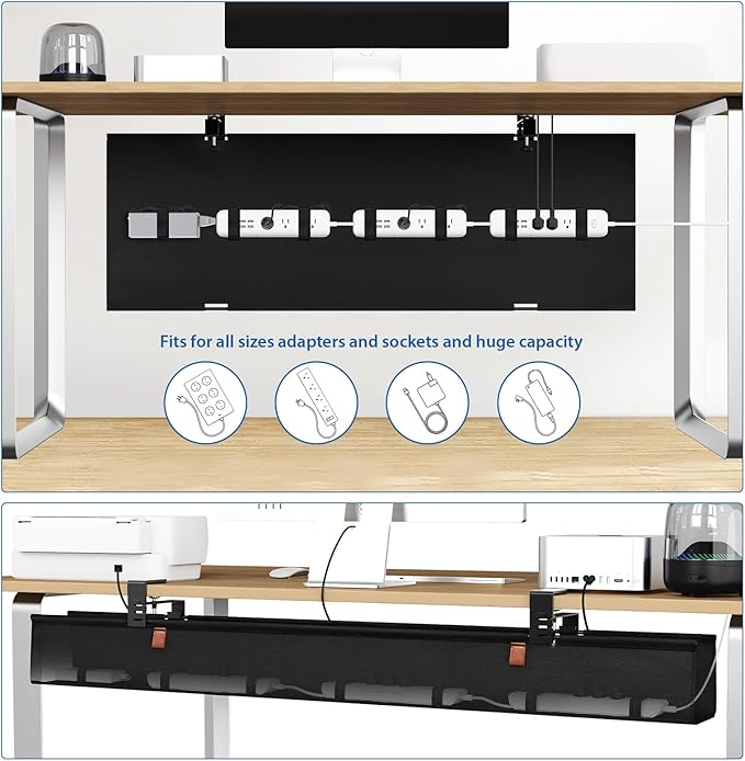 Zilink No Drill Under Desk Cable Management Tray 40" Cord Organizer for Table Clamp/Screw Mount Cable Management Under Desk Waterproof Fabric Cable Management Tray for Office, Home