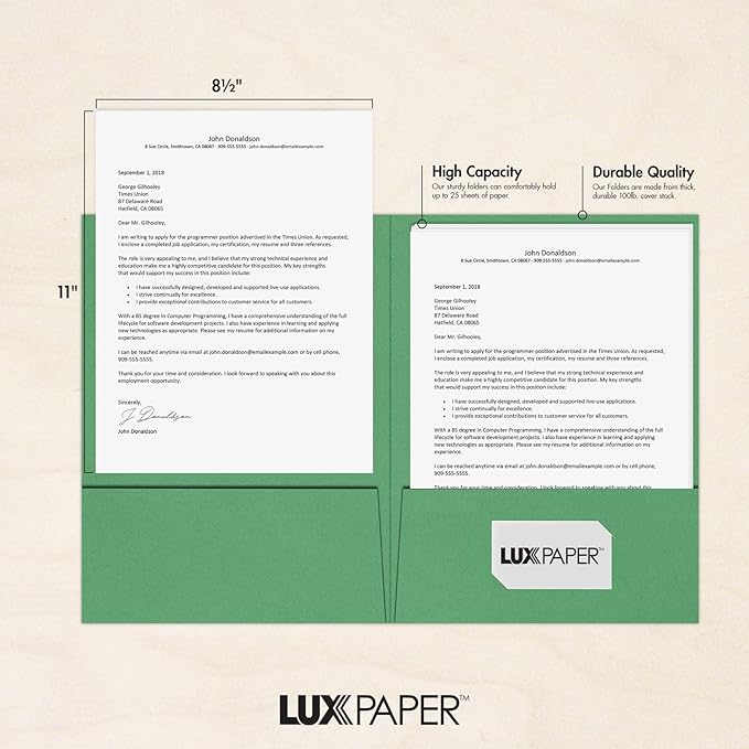 LUXPaper 9" x 12" Presentation Folders | Two Pocket | Holiday Green | 100lb. Cover | 10 Qty