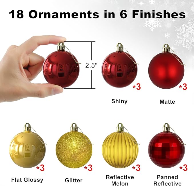 18Pcs Christmas Balls Ornaments for Xmas Tree - Shatterproof Christmas Tree Decorations Medium Hanging Ball Red & Gold 2.5in x 18 Pack